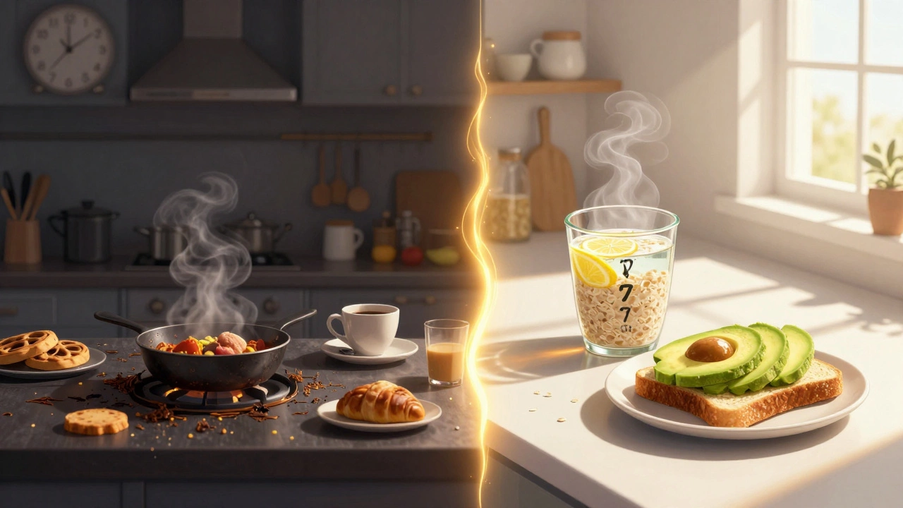 Сравнение нездорового и здорового утреннего завтрака в виде двух половинок изображения.