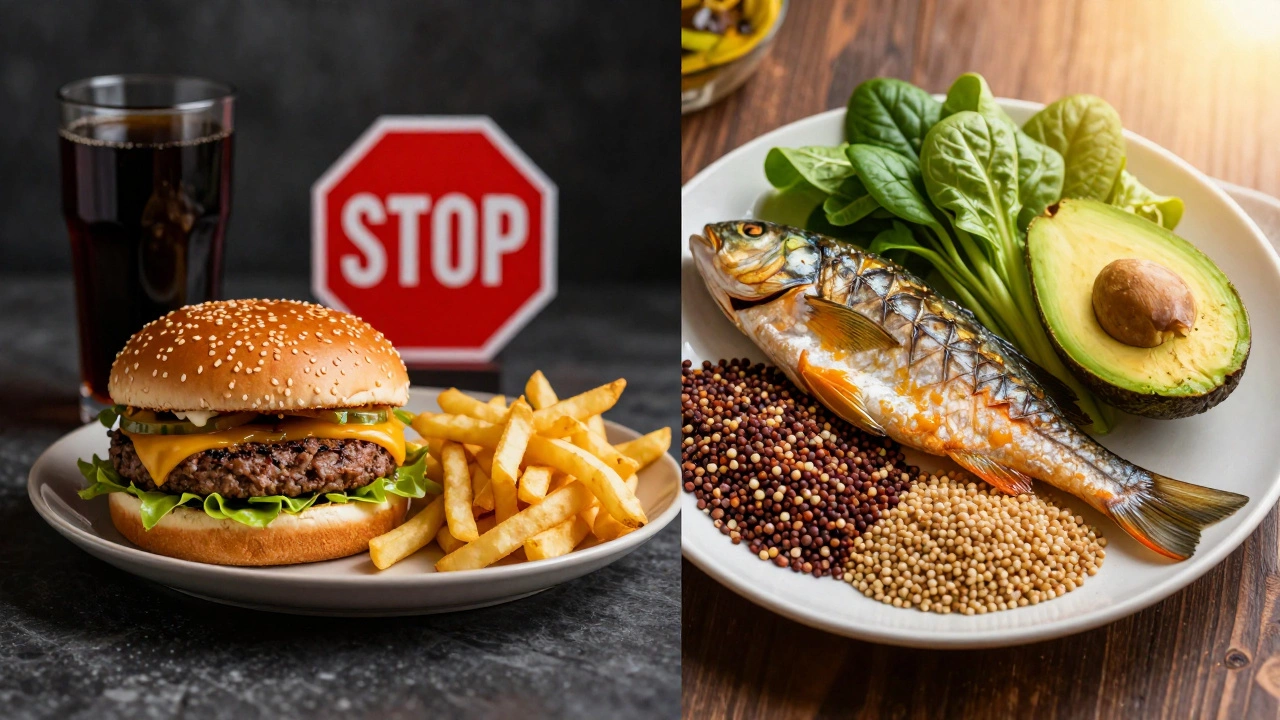 Сравнение: слева — фастфуд с запрещающим знаком, справа — полезные продукты под солнечным светом.