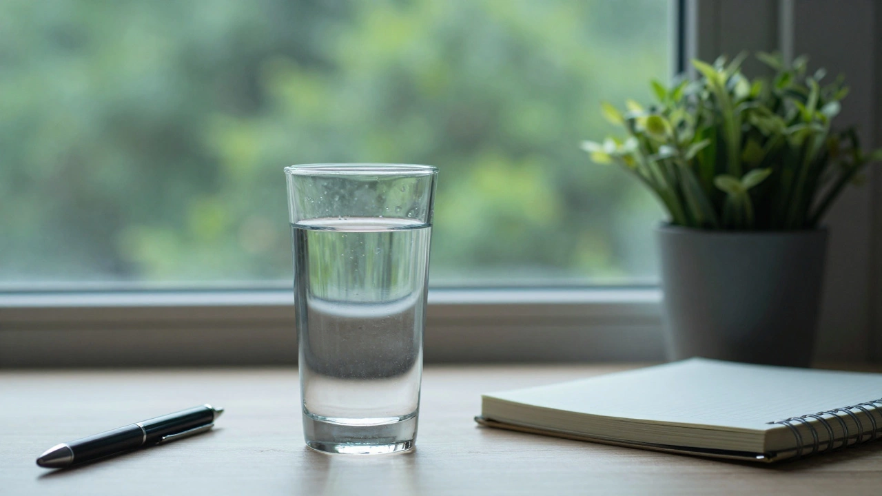 Стакан воды на рабочем столе рядом с окном