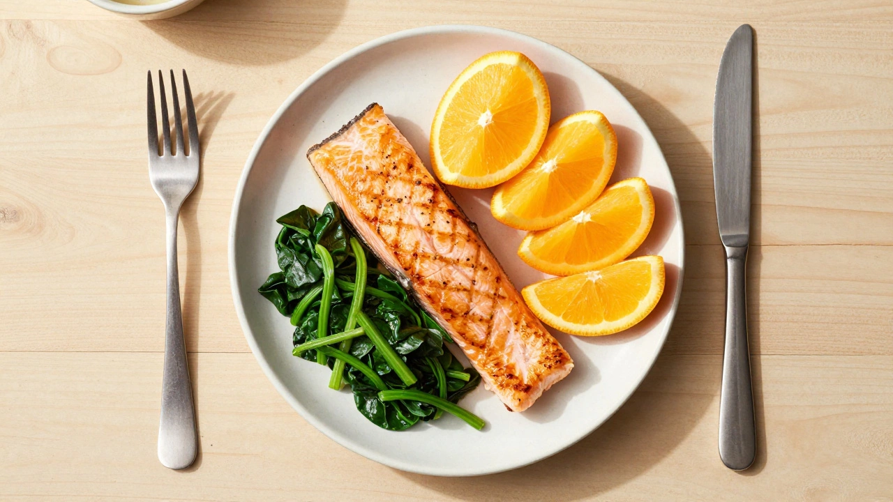 Тарелка с лососем, шпинатом и дольками апельсина сверху