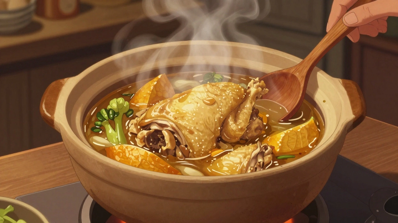 Тушёное рагу в глиняном горшке с курицей и овощами, медленно бурлит на огне, дым поднимается вверх.