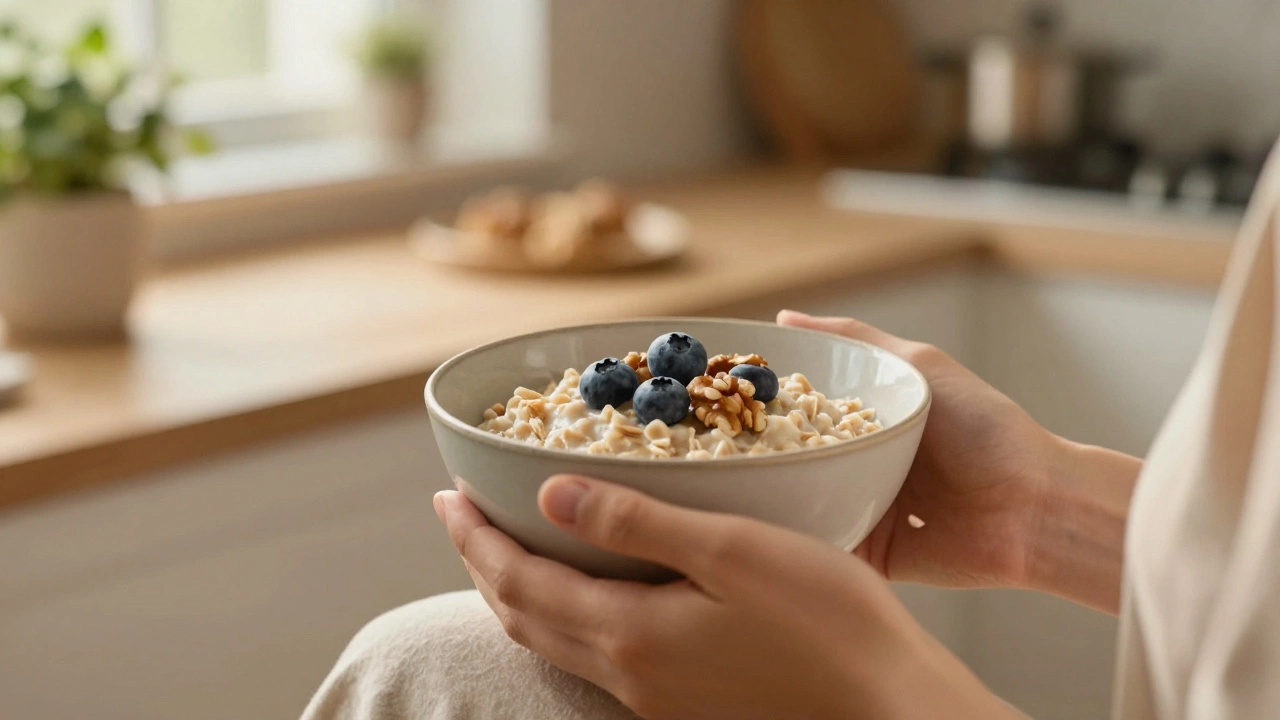 Человек осознанно ест полезный завтрак с ягодами и орехами в светлой кухне
