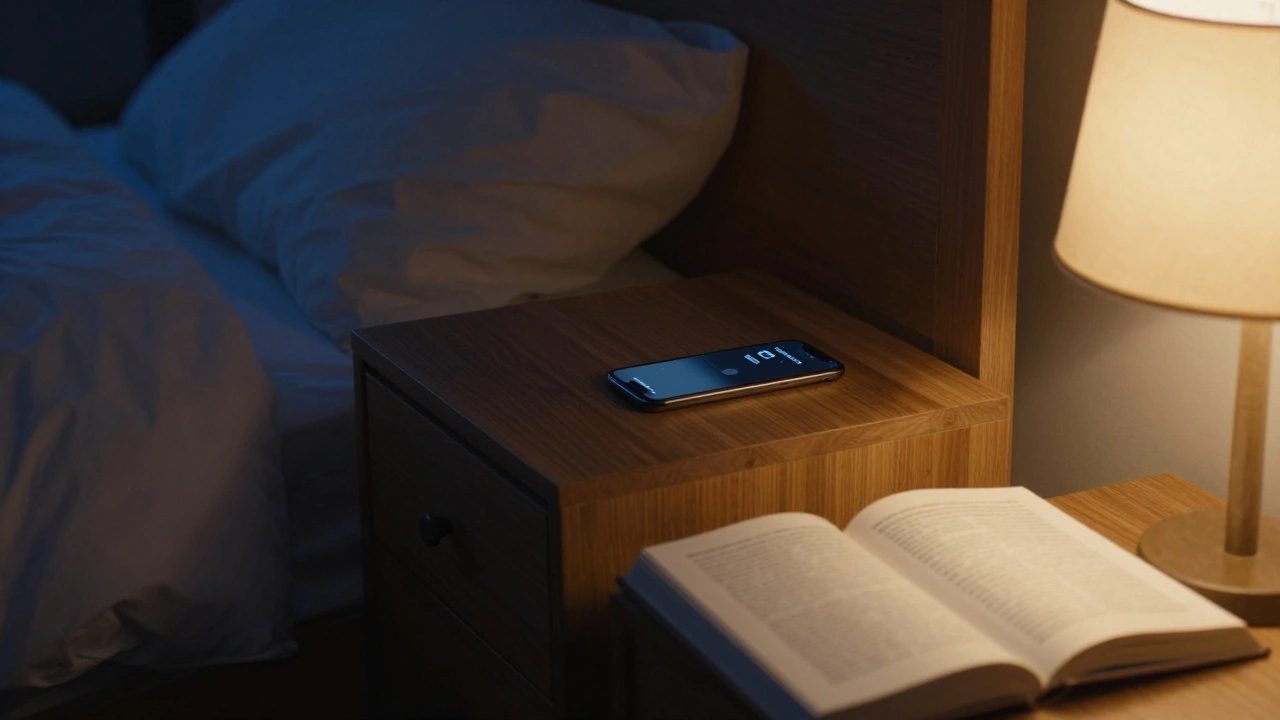 Книга и выключенный телефон в уютной спальне в приглушенном свете