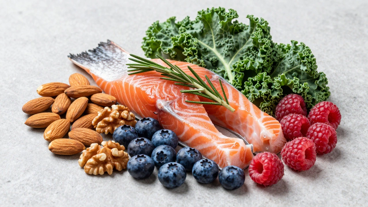 Коллаж из суперфудов: жирная рыба, орехи, зеленая листовая зелень и ягоды