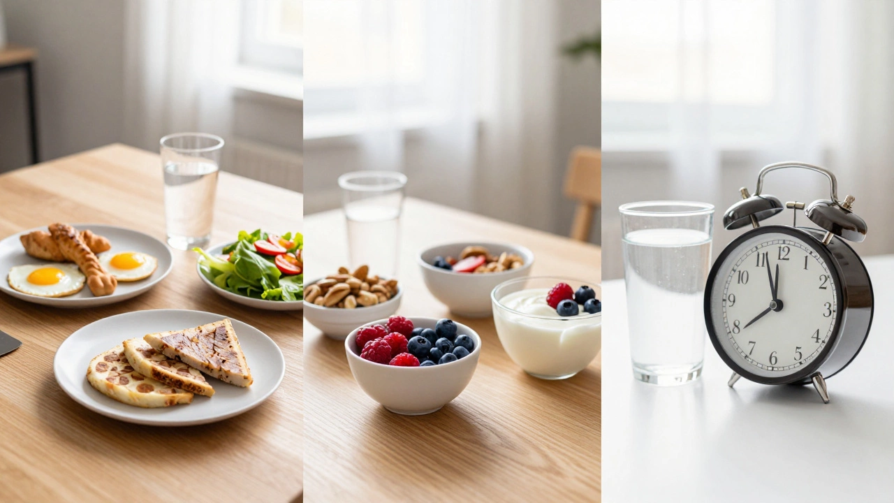 Коллаж из трех вариантов питания: трехразового, дробного и интервального голодания