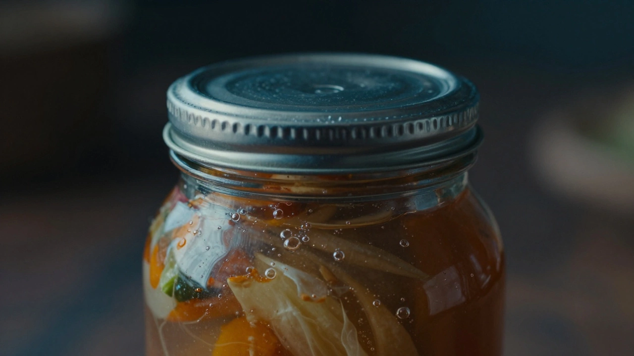 Крупный план вздутой крышки консервной банки с мутной жидкостью внутри