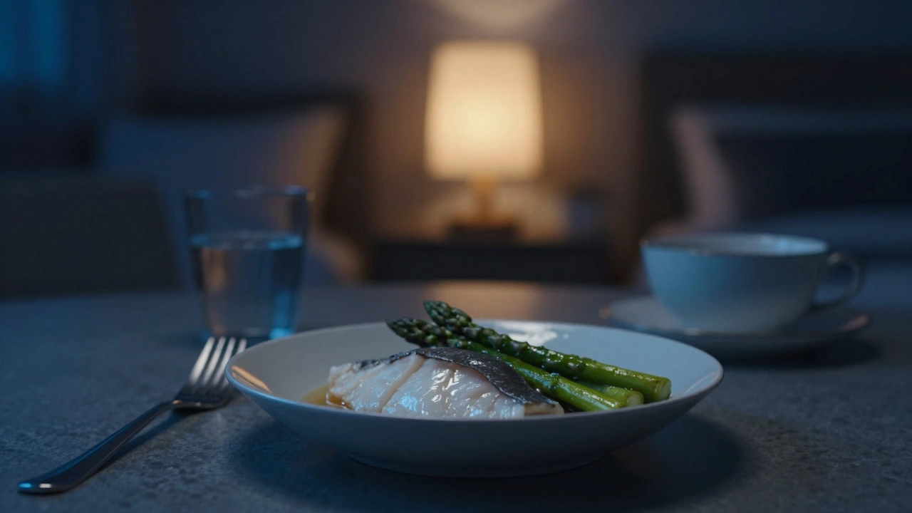 Легкий ужин из рыбы и спаржи в уютной вечерней обстановке