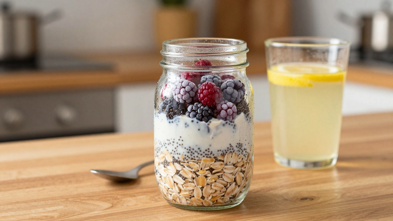 Ленивая овсянка в банке и стакан воды с лимоном на кухонном столе