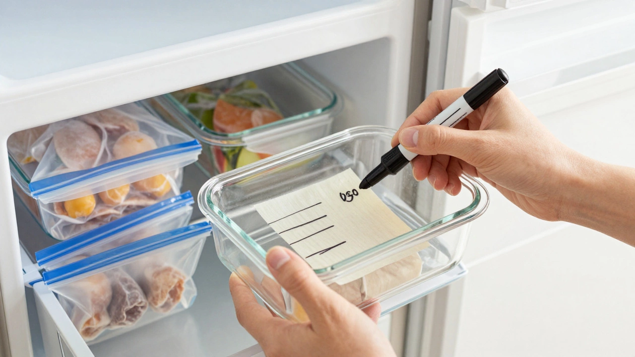 Маркировка даты приготовления на стеклянном контейнере для хранения еды