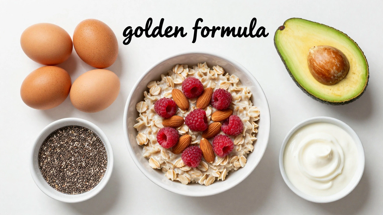 Набор продуктов для сбалансированного завтрака: овсянка, яйца, орехи и ягоды