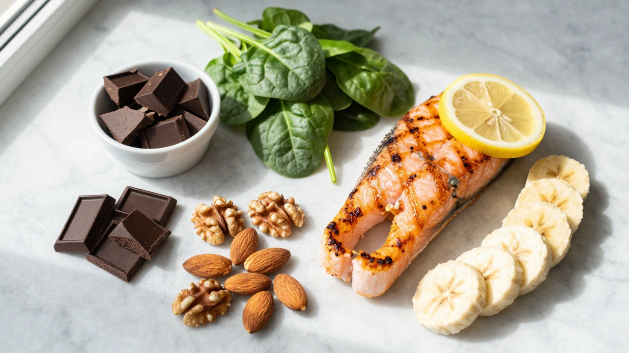 Натюрморт из полезных продуктов: лосось, темный шоколад, орехи и шпинат