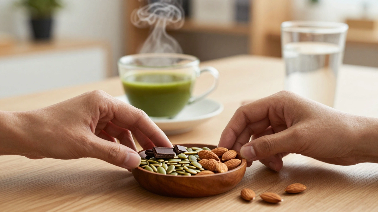 Полезный перекус из орехов, семечек и темного шоколада с чашкой зеленого чая