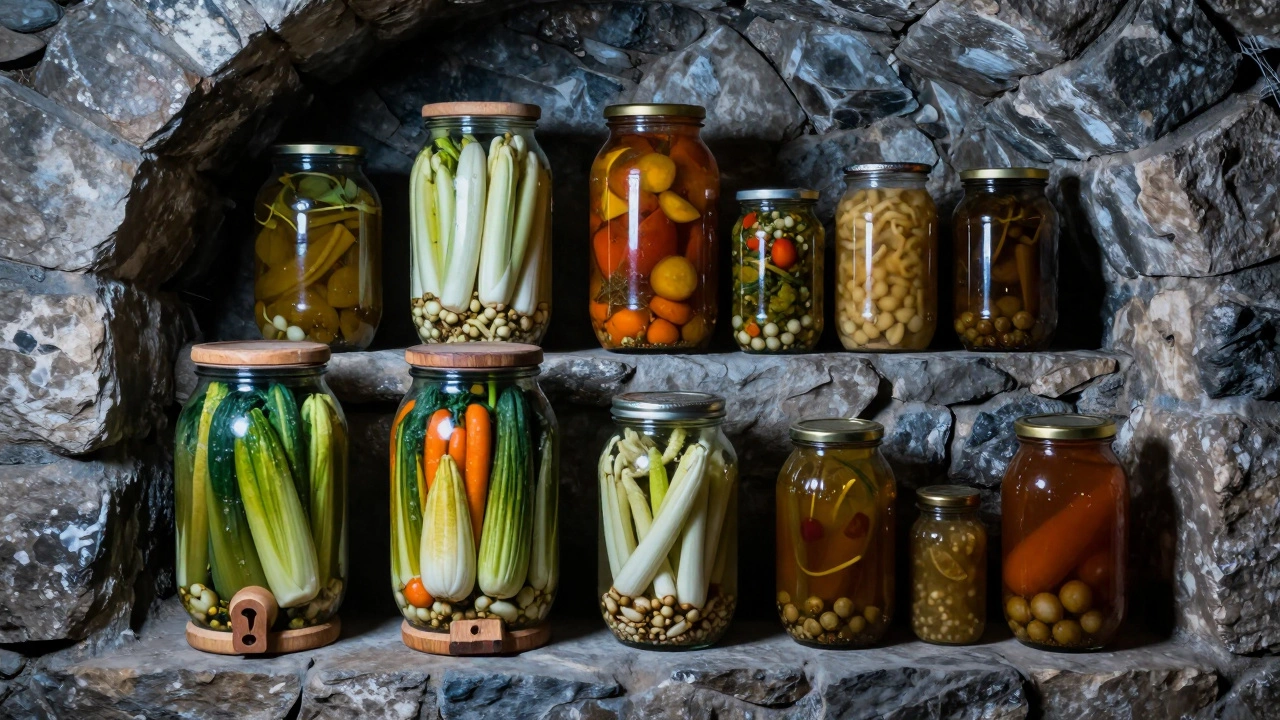 Различные заготовки в стеклянных банках и керамических емкостях в холодном погребе