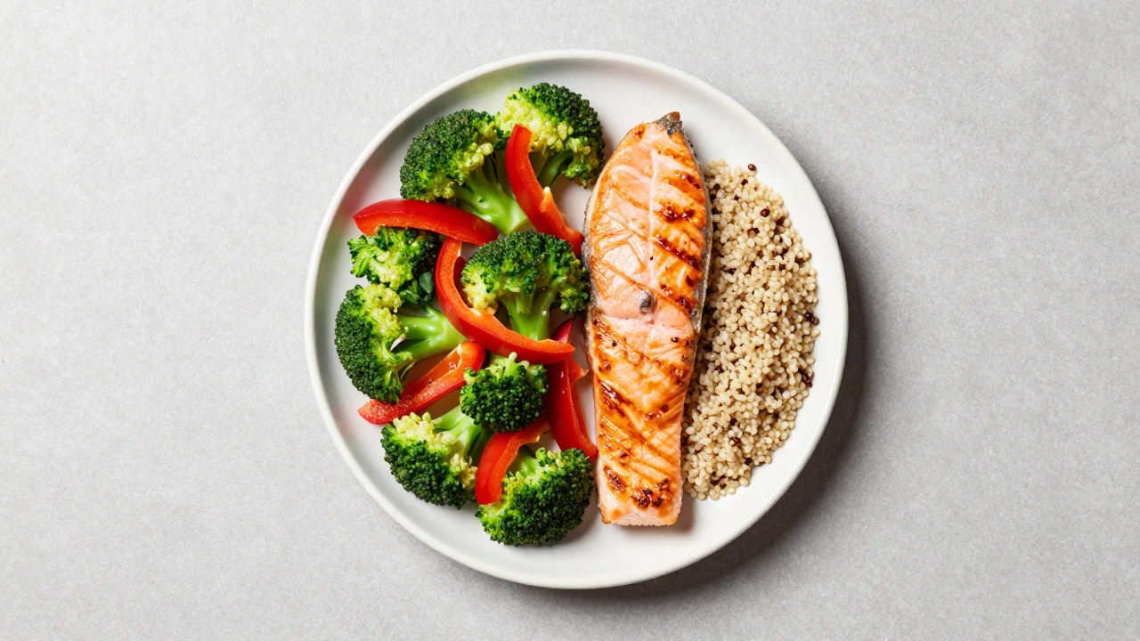 Сбалансированный обед с лососем, киноа и овощами по правилу тарелки