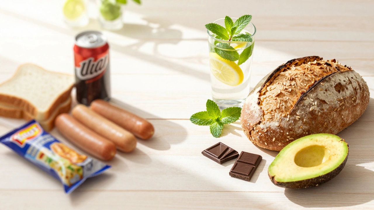 Сравнение вредных продуктов с полезными альтернативами на светлом столе