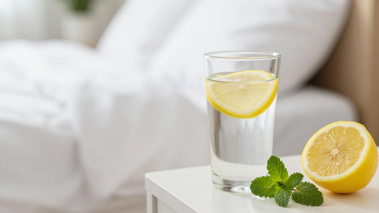 Стакан воды с лимоном и мятой на прикроватной тумбе утром
