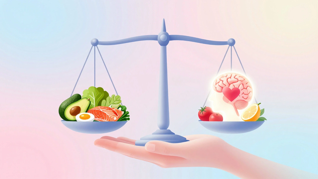 Весы с полезной едой на одной чаше и символами разума и сердца на другой