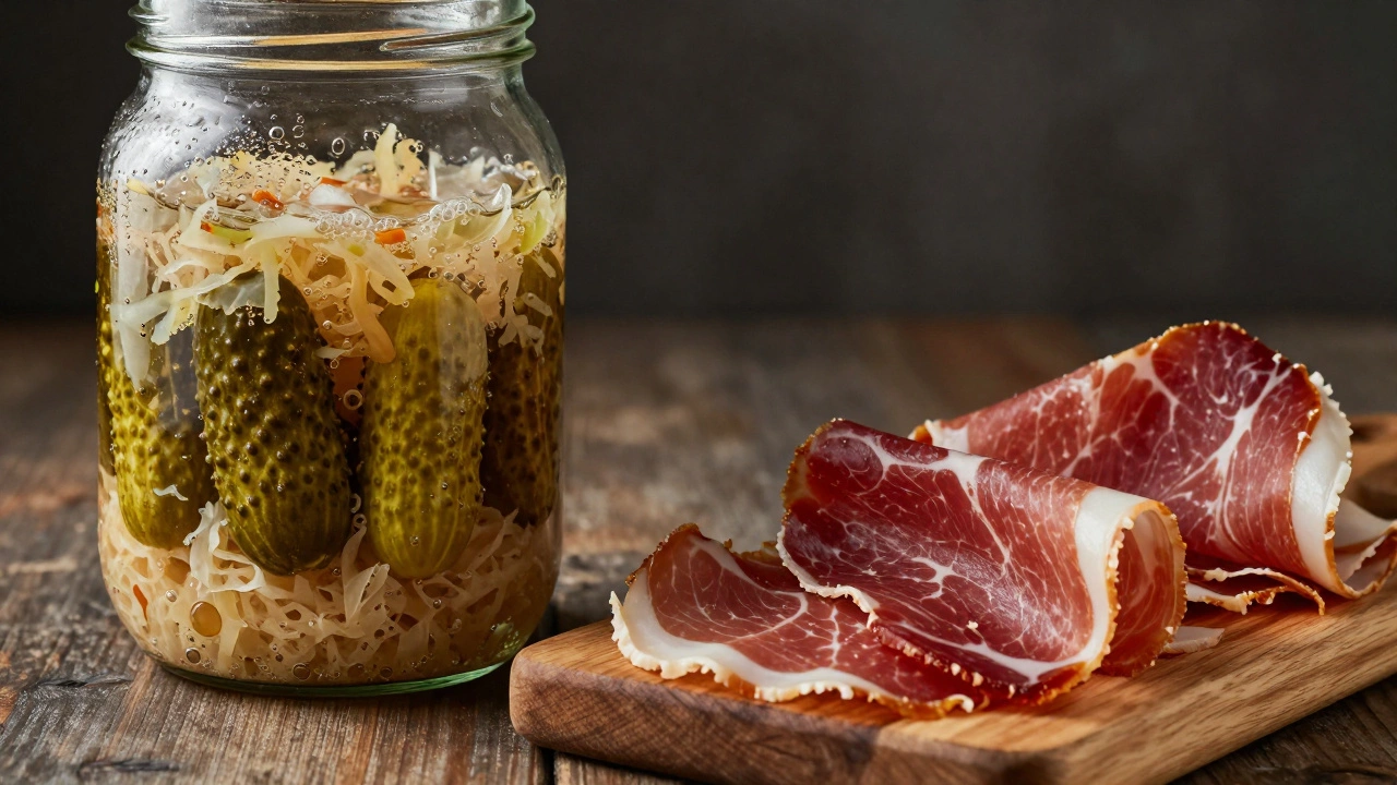 Квашеная капуста в банке и вяленое мясо на доске
